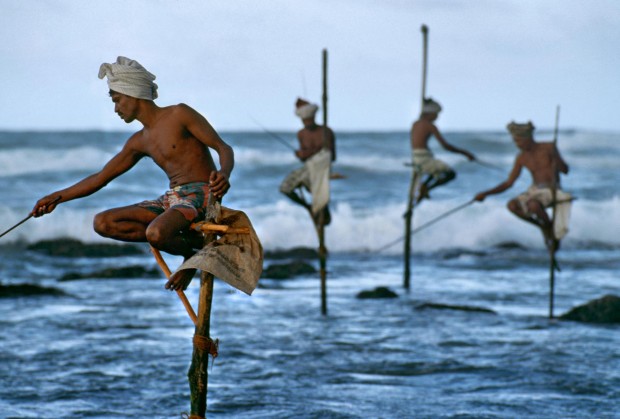 Weligama, South coast, Sri Lanka, 1995."Fishermen along the southern coast of Sri Lanka cast their lines in the traditional way atop poles so they can work in shallow water without disturbing the fish." - George Eastman HouseThe theatrical stage would not offer a finer gesture, nor a more equisite doubling between the near and the far, than does this picture. McCurry captures the beauty of a cultural tradition and with it a natural choreography. This image also preserves a practice now essentially lost to technology, having all but disappeared in the intervening years since the photograph was made. -Anthony Bannon Magnum Photos, NYC5948; MCS1995006K200, Phaidon, 55, South Southeast, Iconic Images, final book_iconic