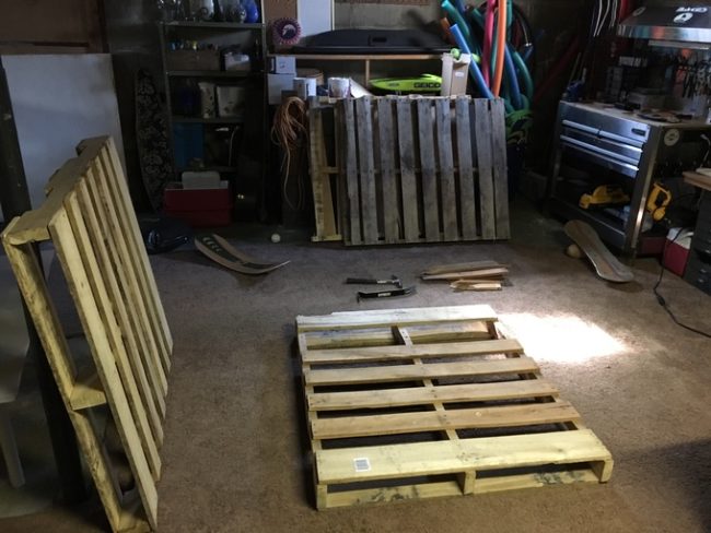 After searching far and wide for good pallets, he gathered three standard-sized ones.